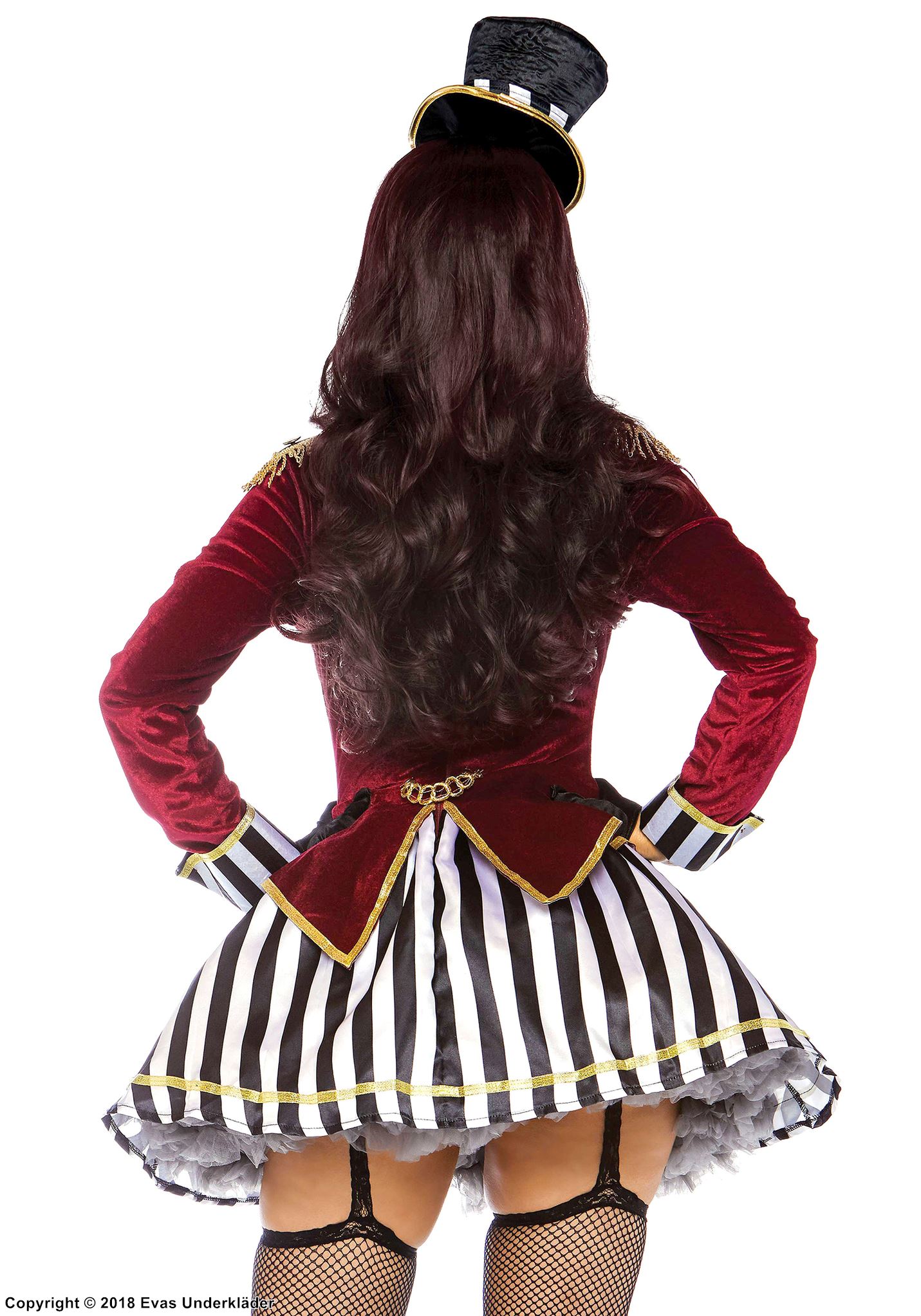 Female circus ringmaster, costume dress, sequins, long sleeves, velvet, vertical stripes